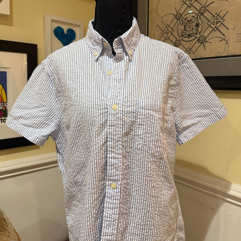 J Crew Mens Med Slim Fit Short Sleeve Button Up Seersucker Preppy Nautical